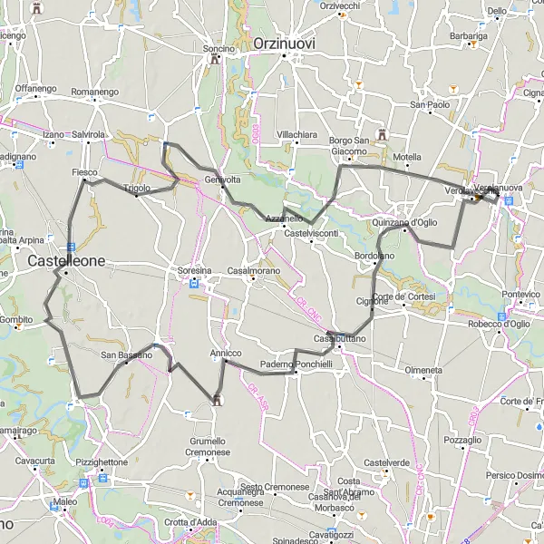 Miniatua del mapa de inspiración ciclista "Ruta de Ciclismo por Carretera hacia Castelleone" en Lombardia, Italy. Generado por Tarmacs.app planificador de rutas ciclistas