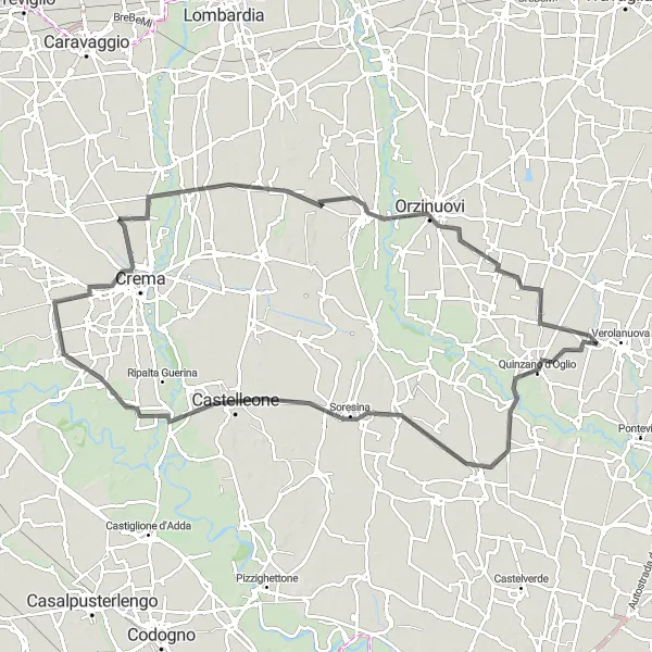 Miniatua del mapa de inspiración ciclista "Ruta Escénica hacia Moscazzano y Padernello" en Lombardia, Italy. Generado por Tarmacs.app planificador de rutas ciclistas