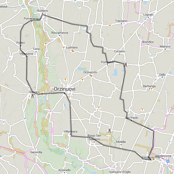 Miniatua del mapa de inspiración ciclista "Ruta de ciclismo de carretera Verolavecchia - Pompiano" en Lombardia, Italy. Generado por Tarmacs.app planificador de rutas ciclistas