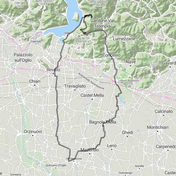 Miniatua del mapa de inspiración ciclista "Desafío en Bicicleta por Sale Marasino y Colle Cidneo" en Lombardia, Italy. Generado por Tarmacs.app planificador de rutas ciclistas