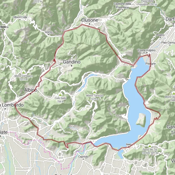 Miniaturní mapa "Náročná gravel trasa kolem Lovere" inspirace pro cyklisty v oblasti Lombardia, Italy. Vytvořeno pomocí plánovače tras Tarmacs.app