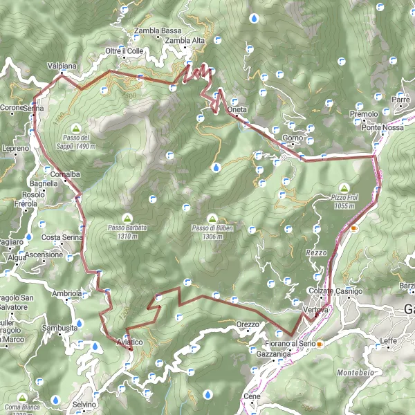 Miniatua del mapa de inspiración ciclista "Ruta de Grava de Vertova a Pizzo Frol" en Lombardia, Italy. Generado por Tarmacs.app planificador de rutas ciclistas