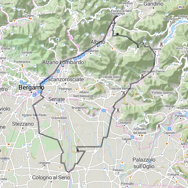 Miniatua del mapa de inspiración ciclista "Ruta de Carretera de Vertova a Azzano San Paolo" en Lombardia, Italy. Generado por Tarmacs.app planificador de rutas ciclistas