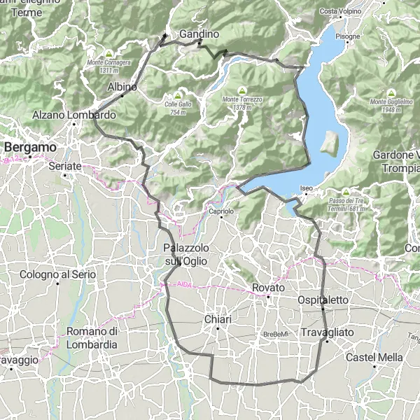 Miniatura della mappa di ispirazione al ciclismo "Avventura ciclistica intorno al Lago d'Iseo" nella regione di Lombardia, Italy. Generata da Tarmacs.app, pianificatore di rotte ciclistiche