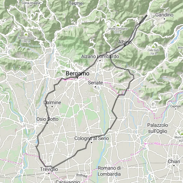 Miniatura della mappa di ispirazione al ciclismo "Tour su strada da Vertova a Monte Cloca" nella regione di Lombardia, Italy. Generata da Tarmacs.app, pianificatore di rotte ciclistiche