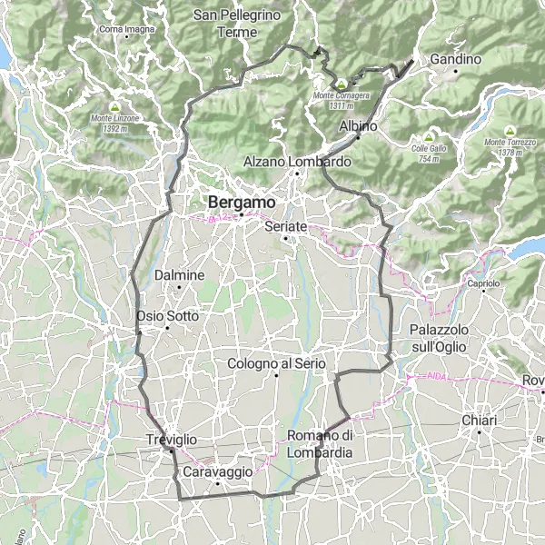 Kartminiatyr av "Lombardia Loop - Albino to Fiorano al Serio" sykkelinspirasjon i Lombardia, Italy. Generert av Tarmacs.app sykkelrutoplanlegger