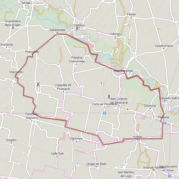 Mapa miniatúra "Gravel okruh cez Villarocca, Piadena a Voltido" cyklistická inšpirácia v Lombardia, Italy. Vygenerované cyklistickým plánovačom trás Tarmacs.app