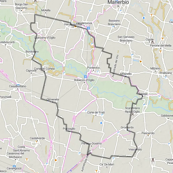 Zemljevid v pomanjšavi "Kolesarska pot do Scandolara Ripa d'Oglio" kolesarske inspiracije v Lombardia, Italy. Generirano z načrtovalcem kolesarskih poti Tarmacs.app