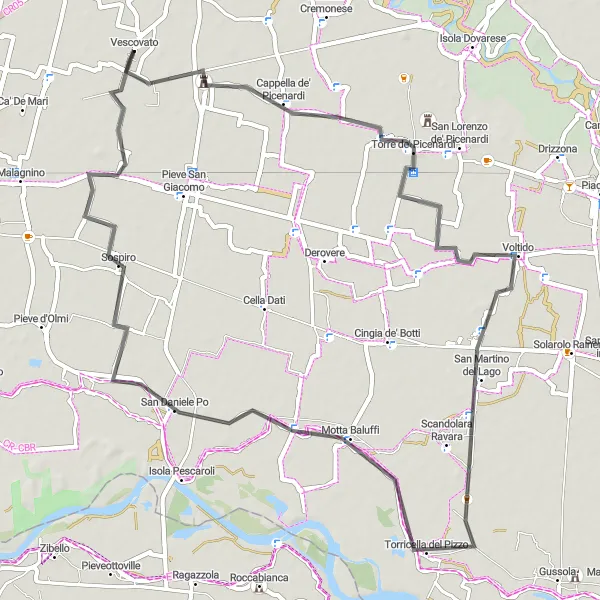 Map miniature of "Cycle through Pozzo Baronzio to Sospiro" cycling inspiration in Lombardia, Italy. Generated by Tarmacs.app cycling route planner