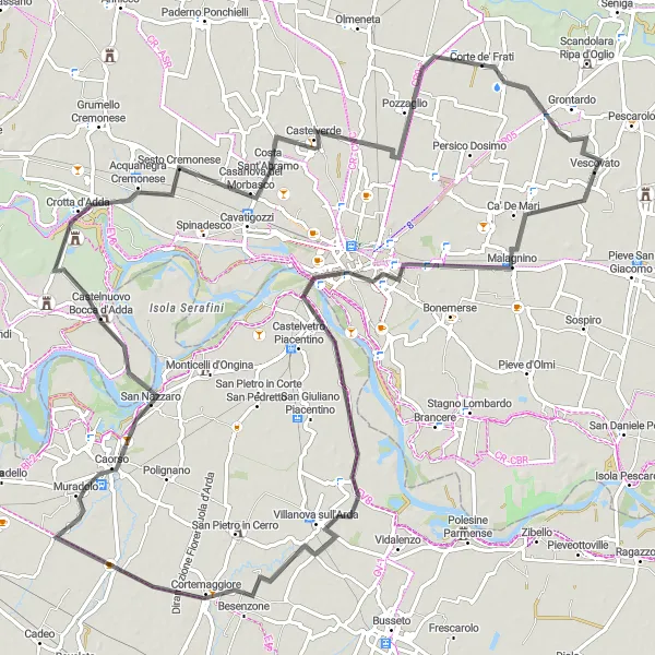 Miniatua del mapa de inspiración ciclista "Ruta Escénica de Cremona y Caorso en Bicicleta" en Lombardia, Italy. Generado por Tarmacs.app planificador de rutas ciclistas