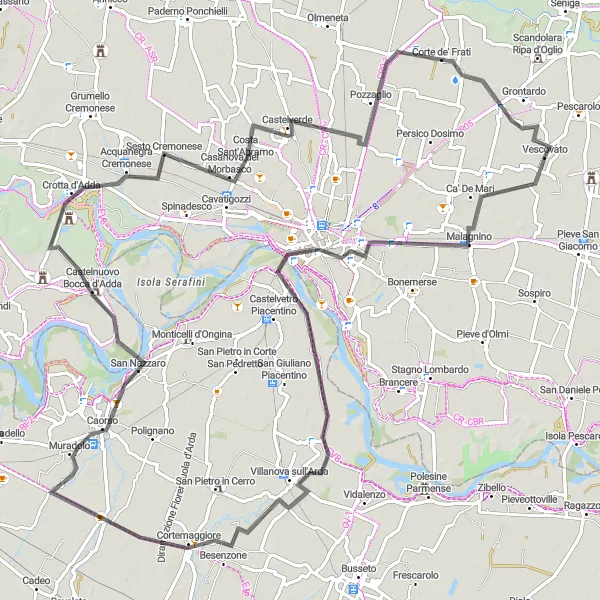 Map miniature of "Road Cycling Route to Cremona via Castelverde" cycling inspiration in Lombardia, Italy. Generated by Tarmacs.app cycling route planner