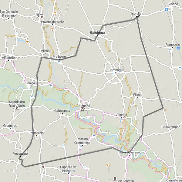 Miniaturní mapa "Okružní cyklistická trasa kolem Vescovato" inspirace pro cyklisty v oblasti Lombardia, Italy. Vytvořeno pomocí plánovače tras Tarmacs.app