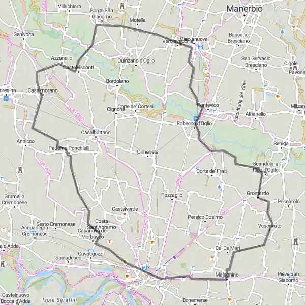Map miniature of "Road Cycling Route from Vescovato to Cremona" cycling inspiration in Lombardia, Italy. Generated by Tarmacs.app cycling route planner