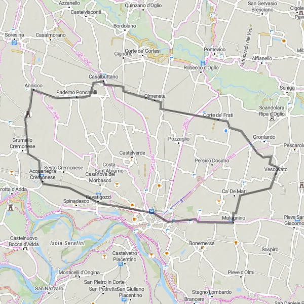 Miniatua del mapa de inspiración ciclista "Ruta de ciclismo de carretera Cremona - Acquanegra Cremonese - Paderno Ponchielli - Corte de' Frati" en Lombardia, Italy. Generado por Tarmacs.app planificador de rutas ciclistas