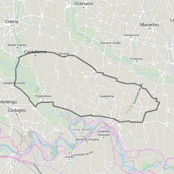 Mapa miniatúra "Cestný okruh cez Cremonu, Maleo a Castiglione d'Adda" cyklistická inšpirácia v Lombardia, Italy. Vygenerované cyklistickým plánovačom trás Tarmacs.app