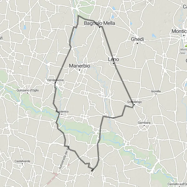 Zemljevid v pomanjšavi "Pontevico - Bagnolo Mella - Pescarolo" kolesarske inspiracije v Lombardia, Italy. Generirano z načrtovalcem kolesarskih poti Tarmacs.app