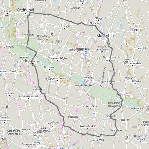 Miniatua del mapa de inspiración ciclista "Ruta de ciclismo de carretera Vescovato - Casalbuttano - Scandolara Ripa d'Oglio" en Lombardia, Italy. Generado por Tarmacs.app planificador de rutas ciclistas