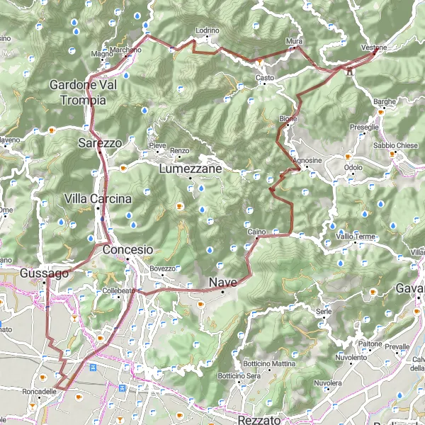 Miniatua del mapa de inspiración ciclista "Ruta de Grava alrededor de Vestone" en Lombardia, Italy. Generado por Tarmacs.app planificador de rutas ciclistas