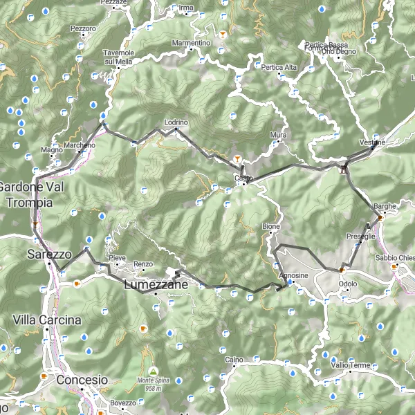 Kartminiatyr av "Barghe til Casto sykkeltur" sykkelinspirasjon i Lombardia, Italy. Generert av Tarmacs.app sykkelrutoplanlegger