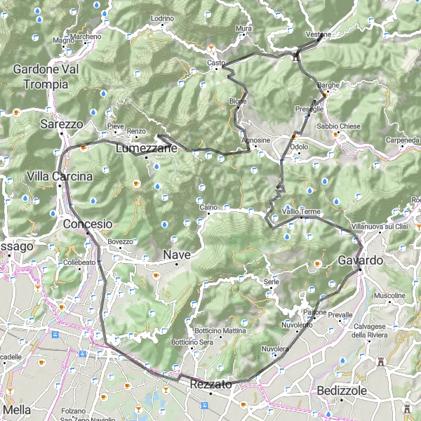 Map miniature of "Scenic Road Tour near Vestone" cycling inspiration in Lombardia, Italy. Generated by Tarmacs.app cycling route planner