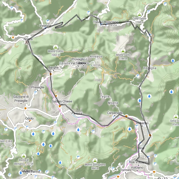 Karttaminiaatyyri "Maantiepyöräilyreitti Dosso Turmen ja Monte Bambolin kautta" pyöräilyinspiraatiosta alueella Lombardia, Italy. Luotu Tarmacs.app pyöräilyreittisuunnittelijalla