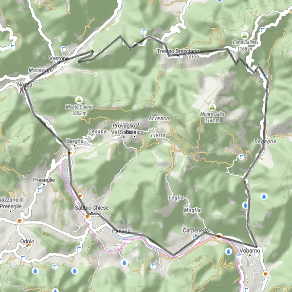 Kartminiatyr av "Dosso Turmen-Barghe" cykelinspiration i Lombardia, Italy. Genererad av Tarmacs.app cykelruttplanerare