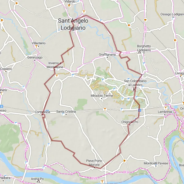 Mapa miniatúra "Gravelový výlet po Lombardsku" cyklistická inšpirácia v Lombardia, Italy. Vygenerované cyklistickým plánovačom trás Tarmacs.app