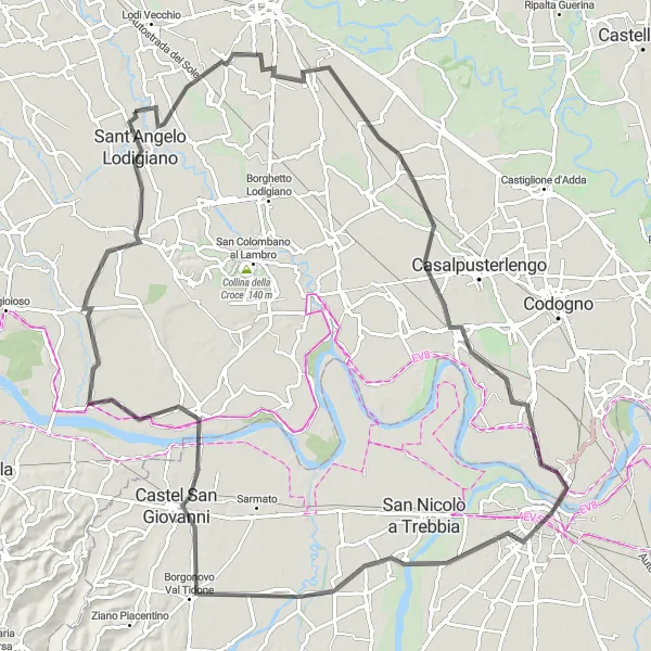 Miniatura della mappa di ispirazione al ciclismo "Giro in bici da Vidardo a Piacenza" nella regione di Lombardia, Italy. Generata da Tarmacs.app, pianificatore di rotte ciclistiche