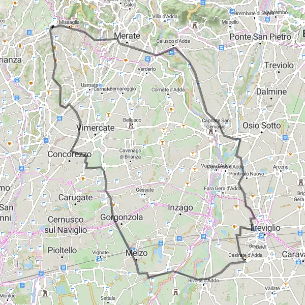 Kartminiatyr av "Cykling genom Brembate och Gorgonzola" cykelinspiration i Lombardia, Italy. Genererad av Tarmacs.app cykelruttplanerare