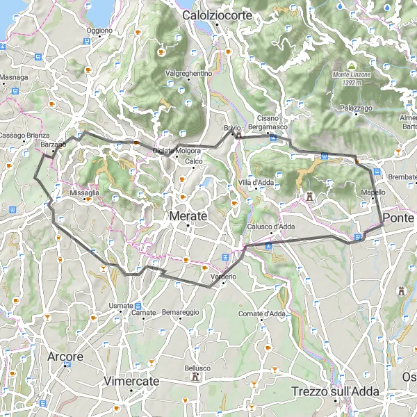 Miniatura della mappa di ispirazione al ciclismo "Giro in bicicletta da Viganò a Calco" nella regione di Lombardia, Italy. Generata da Tarmacs.app, pianificatore di rotte ciclistiche