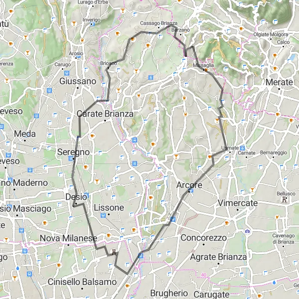 Kartminiatyr av "Rundtur till Viganò via Arcore, Desio, Verano Brianza och Barzanò" cykelinspiration i Lombardia, Italy. Genererad av Tarmacs.app cykelruttplanerare