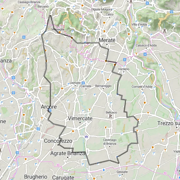 Zemljevid v pomanjšavi "Kolesarska pot okoli Milana" kolesarske inspiracije v Lombardia, Italy. Generirano z načrtovalcem kolesarskih poti Tarmacs.app