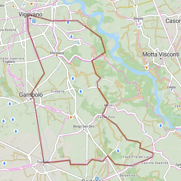 Zemljevid v pomanjšavi "Kolesarjenje skozi Tromello" kolesarske inspiracije v Lombardia, Italy. Generirano z načrtovalcem kolesarskih poti Tarmacs.app