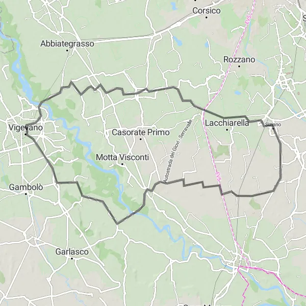 Karten-Miniaturansicht der Radinspiration "Fahrradtour von Morimondo nach Sforzesca" in Lombardia, Italy. Erstellt vom Tarmacs.app-Routenplaner für Radtouren