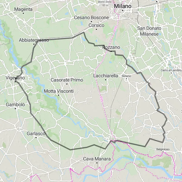 Karttaminiaatyyri "Pavia Kierros" pyöräilyinspiraatiosta alueella Lombardia, Italy. Luotu Tarmacs.app pyöräilyreittisuunnittelijalla