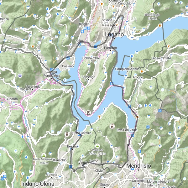 Kartminiatyr av "Viggiù till Luganosjön" cykelinspiration i Lombardia, Italy. Genererad av Tarmacs.app cykelruttplanerare