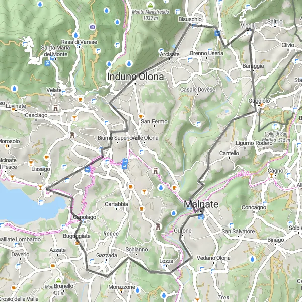 Karten-Miniaturansicht der Radinspiration "Rundtour ab Viggiù über Varese und Tessera" in Lombardia, Italy. Erstellt vom Tarmacs.app-Routenplaner für Radtouren