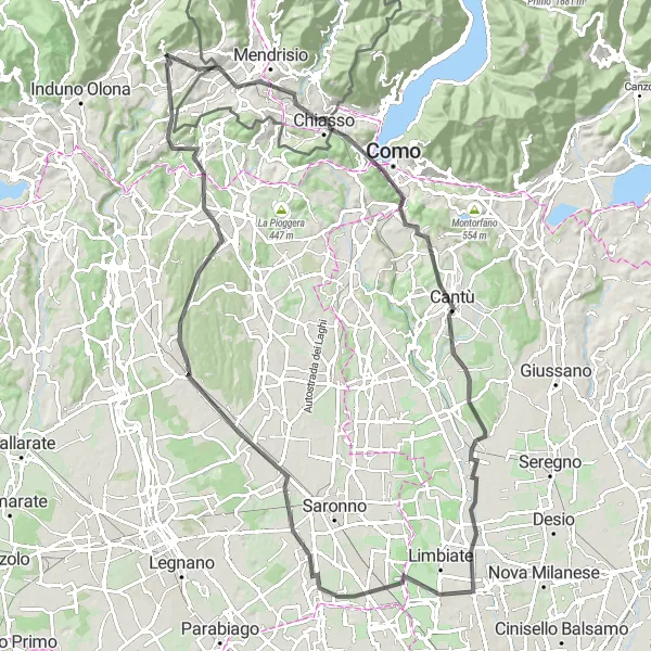 Kartminiatyr av "Viggiù - Cantù - Senago - Albiolo - Baraggia - Monte Sant'Elia" sykkelinspirasjon i Lombardia, Italy. Generert av Tarmacs.app sykkelrutoplanlegger