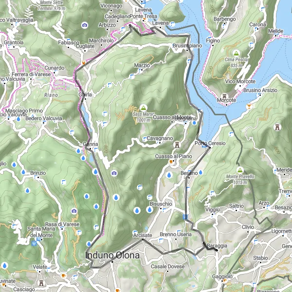 Karttaminiaatyyri "Lugano Lakeside Loop" pyöräilyinspiraatiosta alueella Lombardia, Italy. Luotu Tarmacs.app pyöräilyreittisuunnittelijalla