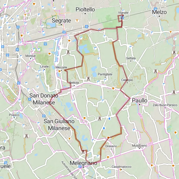 Miniatura della mappa di ispirazione al ciclismo "Tour in bicicletta tra Vignate e Tribiano" nella regione di Lombardia, Italy. Generata da Tarmacs.app, pianificatore di rotte ciclistiche