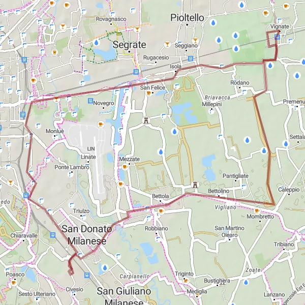 Miniatura della mappa di ispirazione al ciclismo "Gravel Loop around Vignate" nella regione di Lombardia, Italy. Generata da Tarmacs.app, pianificatore di rotte ciclistiche