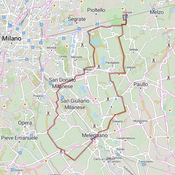 Miniatura della mappa di ispirazione al ciclismo "Esplorando Pantigliate, Carpiano, San Donato Milanese e Vignate in Gravel" nella regione di Lombardia, Italy. Generata da Tarmacs.app, pianificatore di rotte ciclistiche