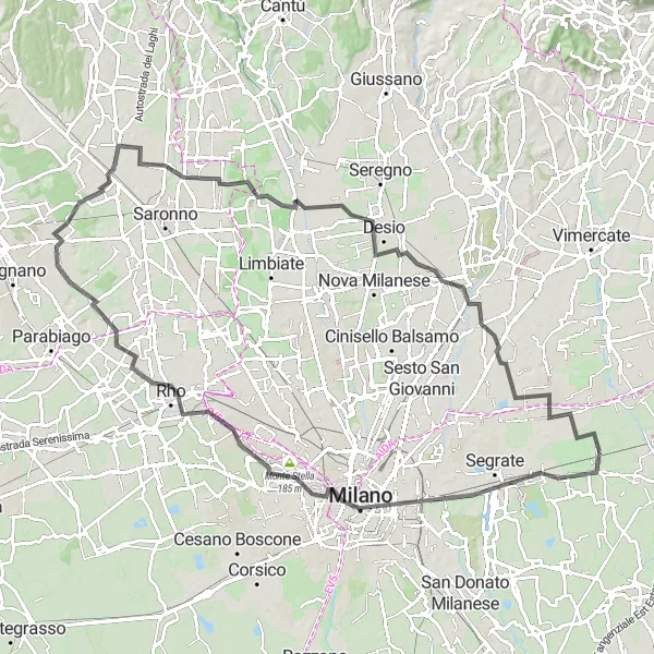 Map miniature of "Road to Monza" cycling inspiration in Lombardia, Italy. Generated by Tarmacs.app cycling route planner