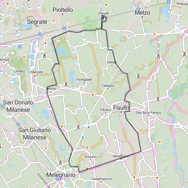 Miniatura della mappa di ispirazione al ciclismo "Giro tra Settala, Mulazzano, Mediglia e Vignate" nella regione di Lombardia, Italy. Generata da Tarmacs.app, pianificatore di rotte ciclistiche