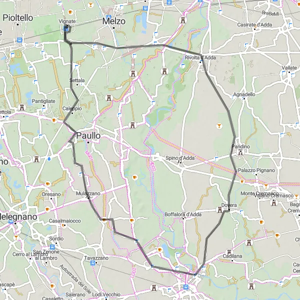 Map miniature of "The Road to Lodi" cycling inspiration in Lombardia, Italy. Generated by Tarmacs.app cycling route planner