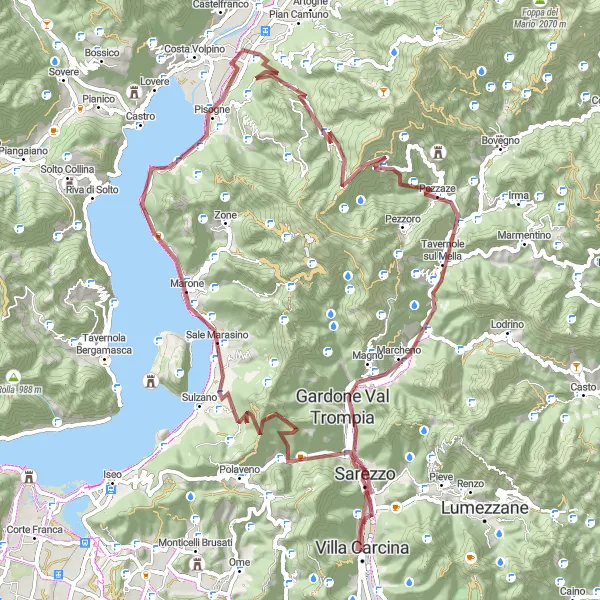 Kartminiatyr av "Grovligt äventyr till Monte Crestole" cykelinspiration i Lombardia, Italy. Genererad av Tarmacs.app cykelruttplanerare