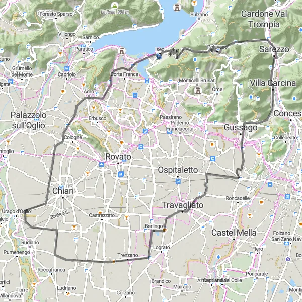 Miniatura della mappa di ispirazione al ciclismo "Tra i Borghi Medievali della Lombardia" nella regione di Lombardia, Italy. Generata da Tarmacs.app, pianificatore di rotte ciclistiche