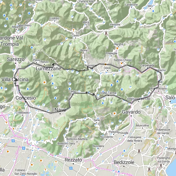 Kartminiatyr av "Road Cycling Route: Villa Carcina-Lumezzane-Roè Volciano" sykkelinspirasjon i Lombardia, Italy. Generert av Tarmacs.app sykkelrutoplanlegger