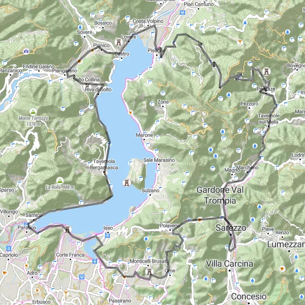 Zemljevid v pomanjšavi "Cestna avantura ob jezeru Iseo" kolesarske inspiracije v Lombardia, Italy. Generirano z načrtovalcem kolesarskih poti Tarmacs.app