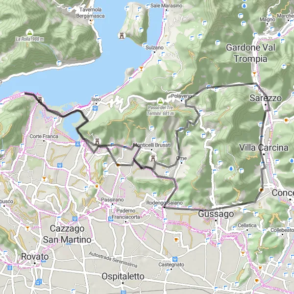 Kartminiatyr av "Eventyr gjennom vakre landsbyer" sykkelinspirasjon i Lombardia, Italy. Generert av Tarmacs.app sykkelrutoplanlegger